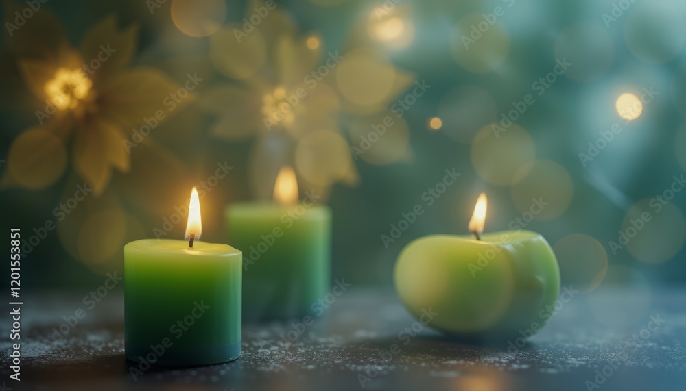 Poster green candle with soft bokeh in the background