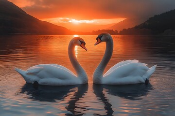 Fototapeta premium Romantic Sunrise with Swans on Peaceful Lake for Nature and Tranquility Themes