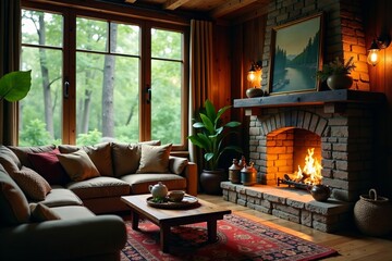 Cozy living room with a fireplace, comfortable furniture, and natural light streaming in.
