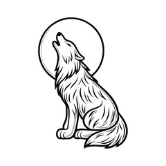 A simplified line art illustration of a wolf howling at the full moon, with a minimal background.