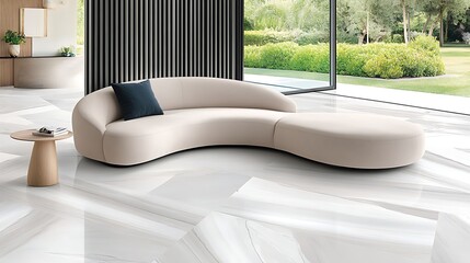 Modern Beige Sectional Sofa in Luxurious Apartment with Garden View