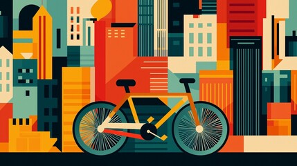 A vibrant, stylized illustration of a bicycle against a colorful city skyline, showcasing urban life and cycling culture.