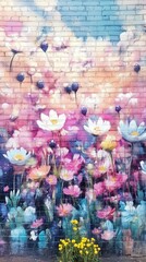 Fototapeta premium Colorful Floral Mural on Brick Wall with Gradient Sky Background for Urban Art Inspiration