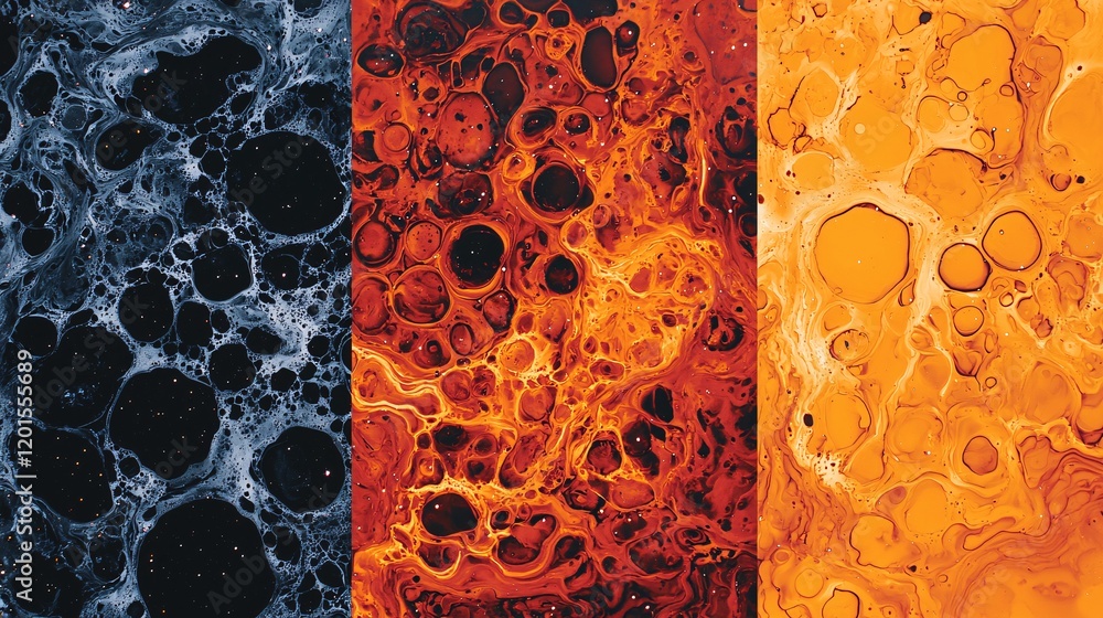 Poster a vivid abstract composition featuring three panels displaying textured patterns in black, red, and 