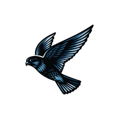 A dynamic, sleek silhouette of a falcon soaring gracefully in mid-flight against a vibrant, colorful sunset sky.