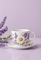 Fototapeta premium Decorative cup with daisies and lavender on purple background