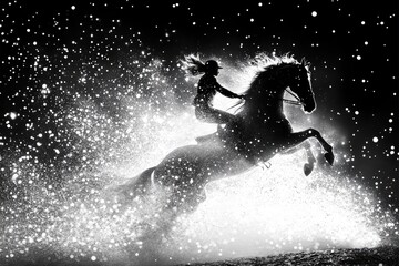 Woman horseback riding, night, splashing, dynamic