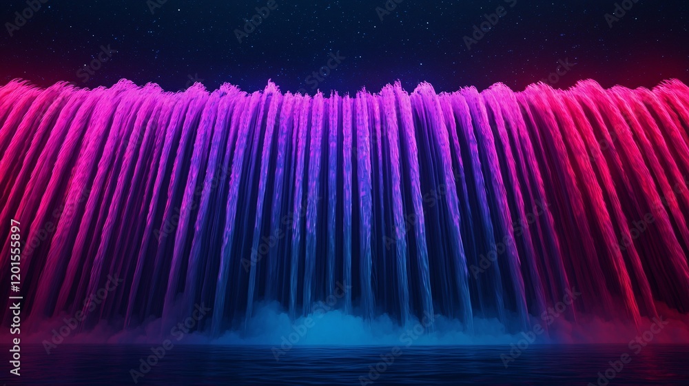 Poster a vibrant display of cascading water illuminated with pink and blue lights, creating a mesmerizing v