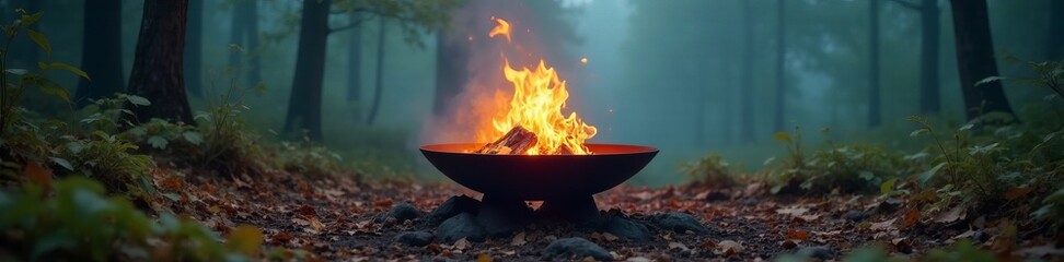A serene campfire in the woods, surrounded by fog and lush green foliage.