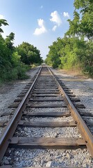 Obraz premium Endless Railroad Tracks Through Lush Greenery and a Clear Sky