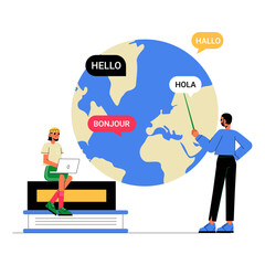 World Globe With Language Speech Bubbles In Flat Vector Illustration Symbolizing Global Communication, Multilingual Learning, And Language Education, Isolated On White Background. © Creattie