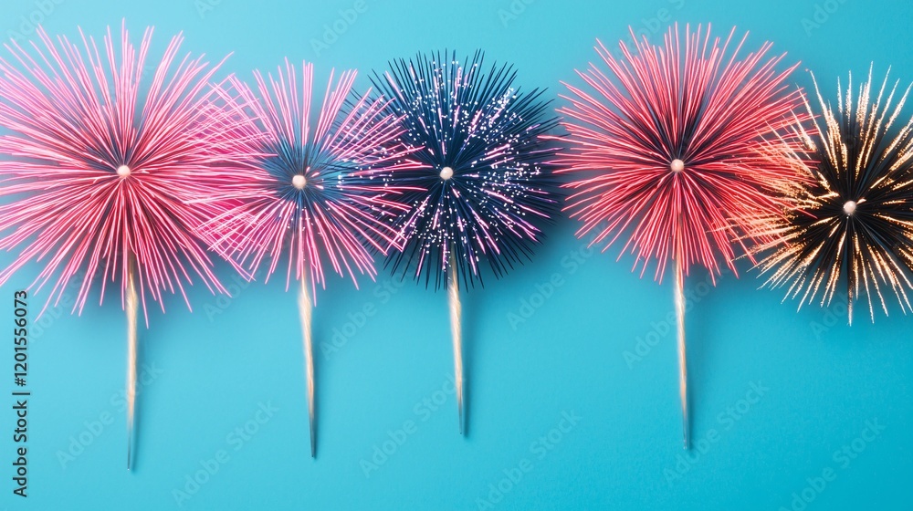 Poster colorful sparkler fireworks arranged in a row against a blue background, creating a festive and vibr