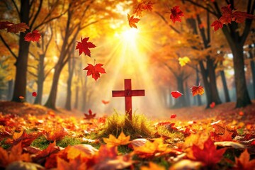 Surreal Autumn Thanksgiving Harvest: Red Cross Symbol in a Field of Crimson Leaves
