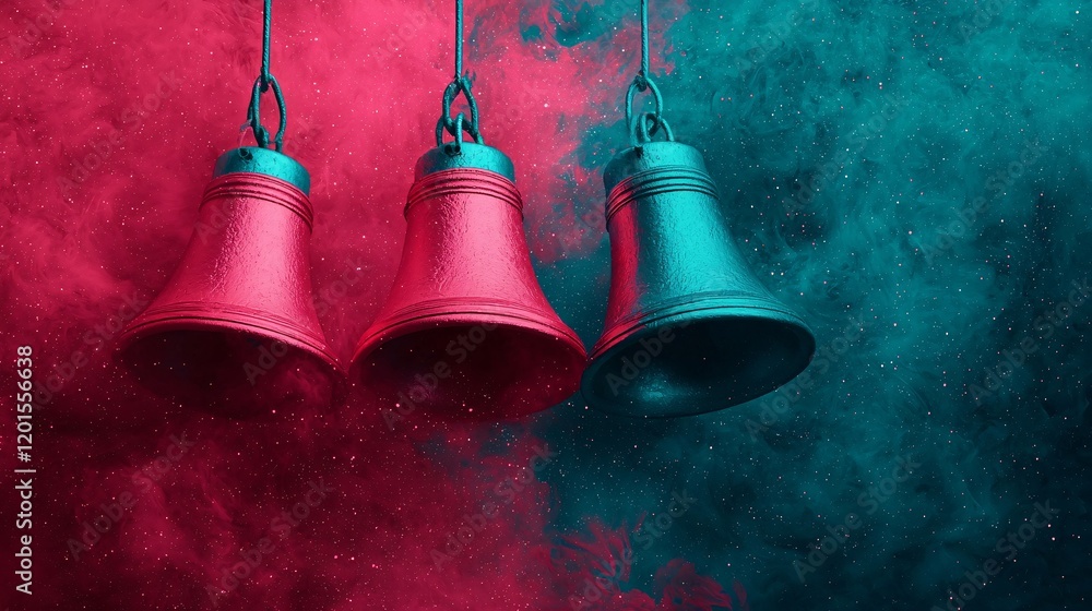 Poster three colorful bells hang against a vibrant backdrop of pink and teal smoke, creating a dynamic and 
