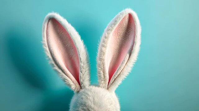 White fluffy bunny ears on solid light blue background with copy space for text, Easter holiday concept