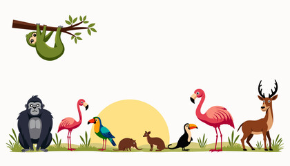 Cute Wild Animals in Standing position Vector Illustration. Animals include a giraffe, elephant, tiger, bear, hippo, monkey, lion, deer, zebra, and fox.