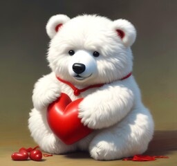 Illustration of fluffy bear with red heart.