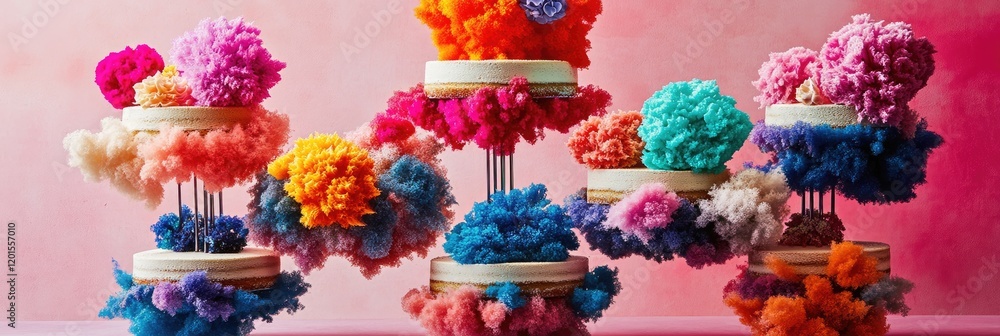 Poster vibrant floral arrangements on display in artistic setting with colorful backgrounds and textures