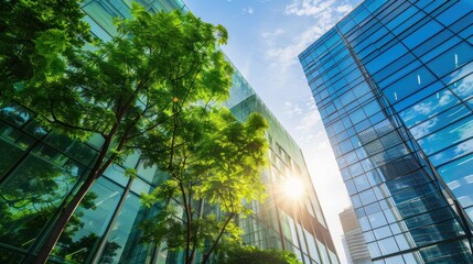 Green trees, city skyline, sun, sustainability, urban