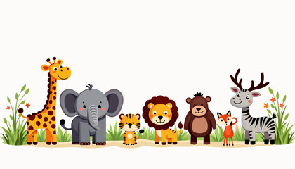 Obraz premium Cute Wild Animals in Standing position Vector Illustration. Animals include a giraffe, elephant, tiger, bear, hippo, monkey, lion, deer, zebra, and fox.