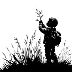 Boy is standing in a field of tall grass, holding a plant in his hand