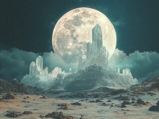 Crystalline structures rise from a barren landscape beneath a massive moon. Mysterious and ethereal, this image evokes a sense of wonder and otherworldly beauty. Ideal for fantasy art, book covers, or