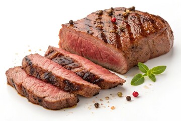 Close-up shot of a juicy grilled steak cut into thin slices, savory flavor, grilled steak, refined dining