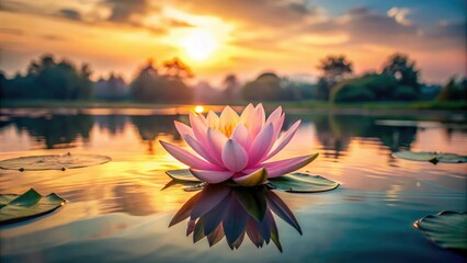 Close-up shot of a delicate lotus flower blooming on the surface of a serene lake at sunrise, peaceful atmosphere, lotus flower, flowers