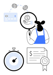 Businesswoman with magnifying glass examines financial details stopwatch credit card certificate and coins. Ideal for business, finance, planning, success, payment, certification, analysis. Line