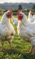Fototapeta premium Close-up of white broiler chickens pecking at the grass in a farm field, countryside lifestyle, small scale farming, outdoor space, ranch environment, natural behavior