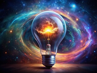Surreal Cosmic Nebula Lightbulb: Glowing Creativity & Innovation Stock Photo