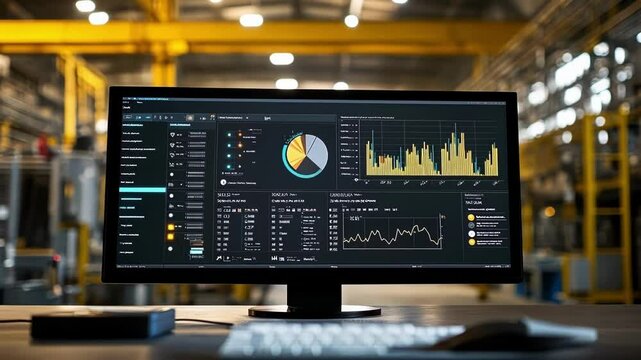 Professional production analytics dashboard displaying real time performance indicators and data visualization on computer screen, optimizing manufacturing workflow efficiency