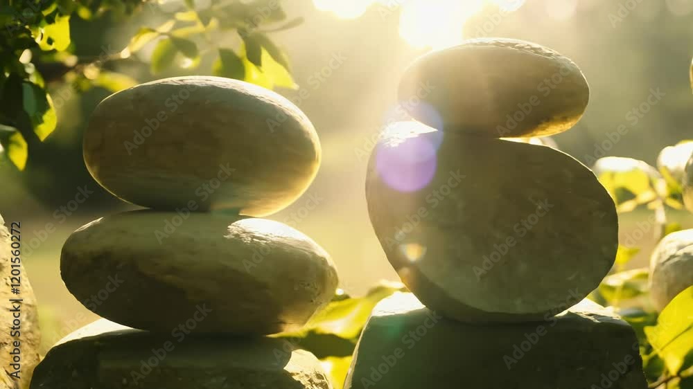 Poster tracking video along a line of balanced stones, with light filtering through tree branches creating 