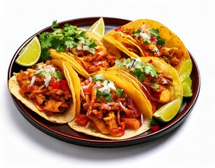 A vibrant platter of tacos al pastor with marinated pork, pineapple chunks, fresh cilantro, and diced onions, served on soft corn tortillas with lime wedges on the side, isolated on white background