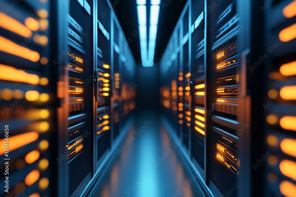 Poster a narrow corridor within a data center features rows of server racks adorned with orange-lit indicat