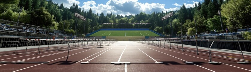 Empty Athletics Track with Hurdles Surrounded by Lush Green Trees Under a Bright Sky.