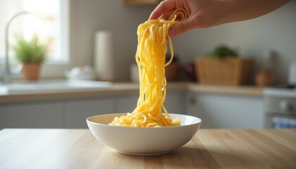 Cook serving freshly boiled spaghetti in a bright kitchen.