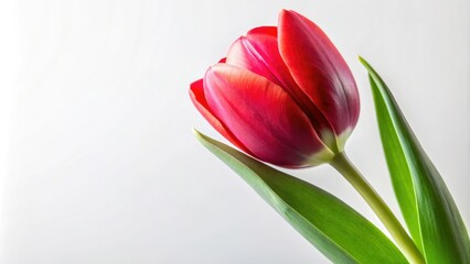 Naklejka premium Close-up of a red tulip stem with green leaves and a white background, flower stalk, stem, white background, green leaf, close up