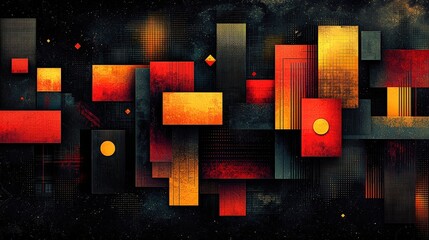 Abstract geometric design with red orange and yellow rectangles on a dark textured background. Ideal for posters album covers or digital wallpapers.