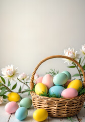 An Easter poster featuring a basket filled with colorful eggs.