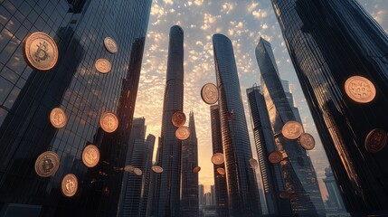 Obraz premium Tall buildings and coins are the same height 
