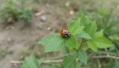 Naklejka premium Ladybug resting on a green leaf in natural surroundings.