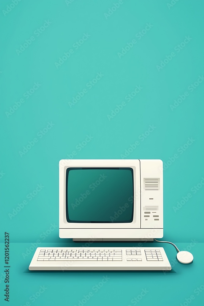 Poster a 90s-style desktop computer with a pixelated screen saver