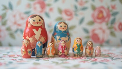 Fototapeta premium Traditional Russian nesting dolls with floral design.