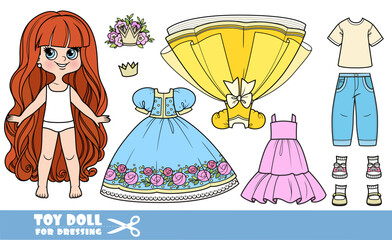 Cartoon very long haired girl and clothes separately - princess costume constructor and summer dress, jeans and shirt casual wear