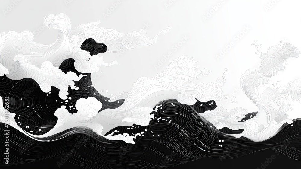 Poster black and white japanese wave pattern with fluid lines and soft cloud elements in minimalist style s
