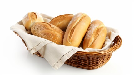 A bread basket with assorted rolls isolated on white background
