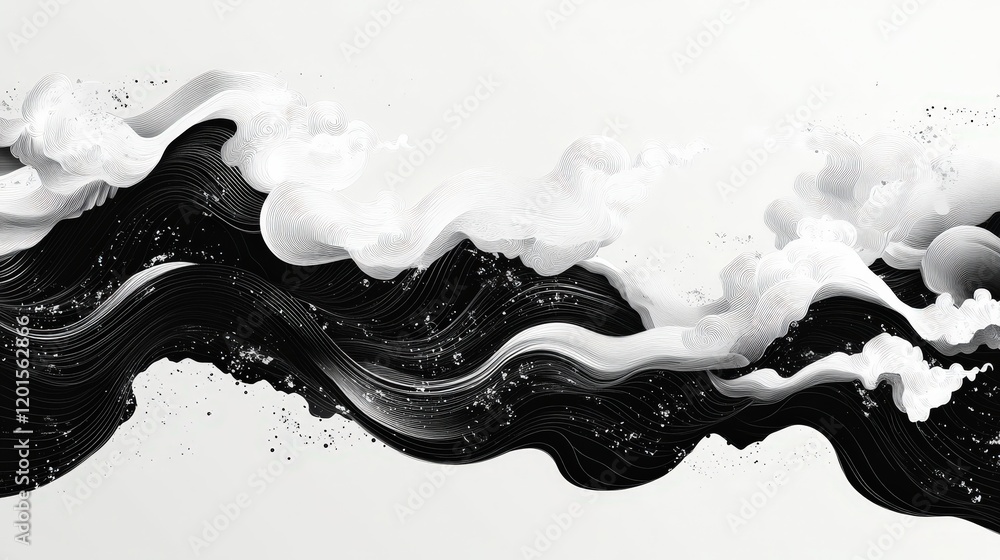 Poster abstract flow of black and white waves with fluid shapes and textures creating a dynamic artistic vi