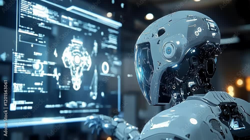 Poster an indepth look at a robotic welding arm in action with a headsup display projecting upcoming mainte