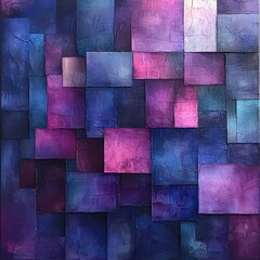 Abstract geometric painting with textured purple and blue squares. Ideal for modern living rooms or bedrooms.